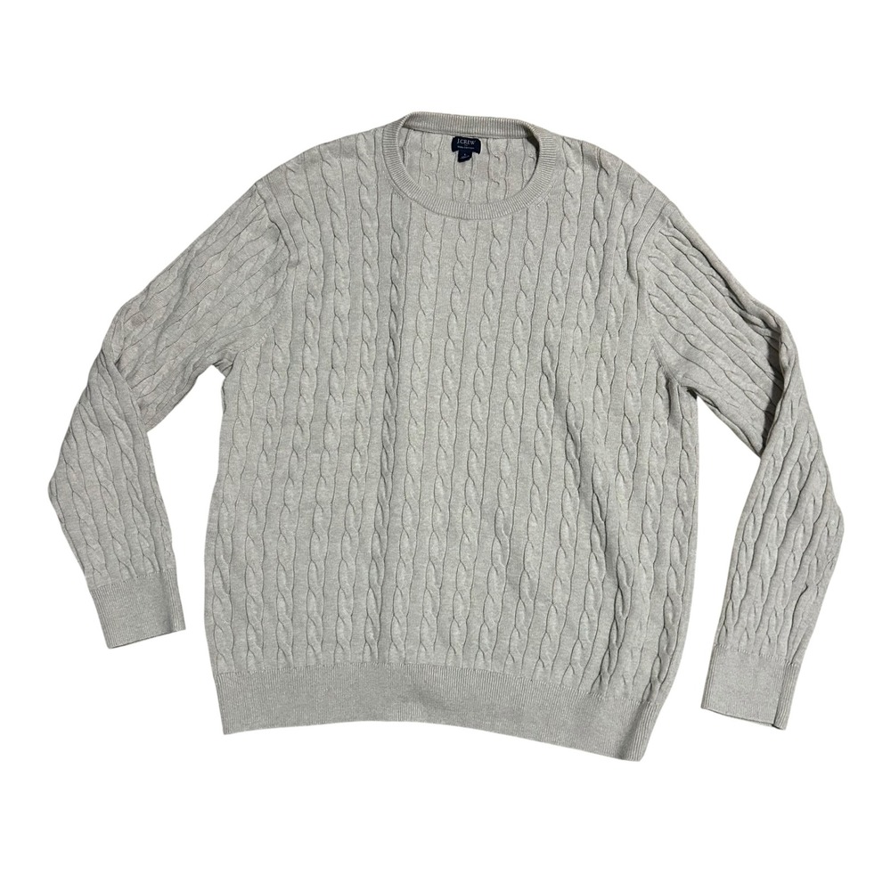 J.Crew Mens Large Cream 100% Cotton Cable Knit Crewneck Sweater Coastal Preppy